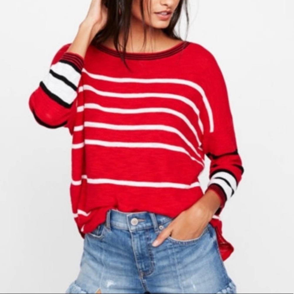 Express ladies size XS drop shoulder red and white striped sweater w/ side slits